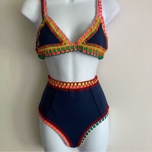 Kiini Navy Tasmin Multi Neon Crochet & Elastic Bikini Top & High Rise Bottom, L